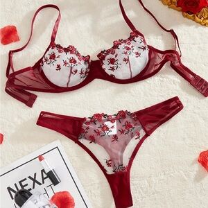 Red Floral Embroidered Lingerie Set